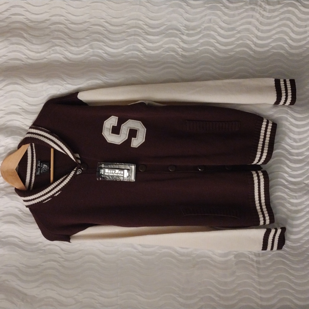 Bare Fox 26 Brown XL Varsity Sweater Cardigan style#SWB7300 NWT preppy